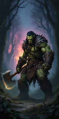 The primary subject of the image is a green monster, possibly a demon or a creature from a fantasy world, standing in a forest. The setting is a dark, wooded area with trees in the background. The visual style appears to be a digital art or illustration, as the monster is depicted with intricate details and textures. The colors and mood of the image are predominantly dark and mysterious, with the green monster being the main focal point.